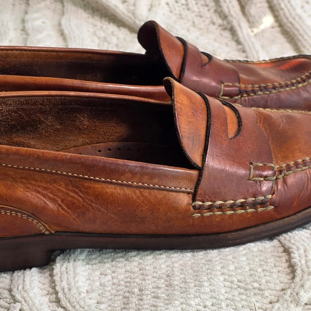 VTG Cole Haan Country Penny Loafers Brown Handsewn Leather Mens 12 Narrow Brazil